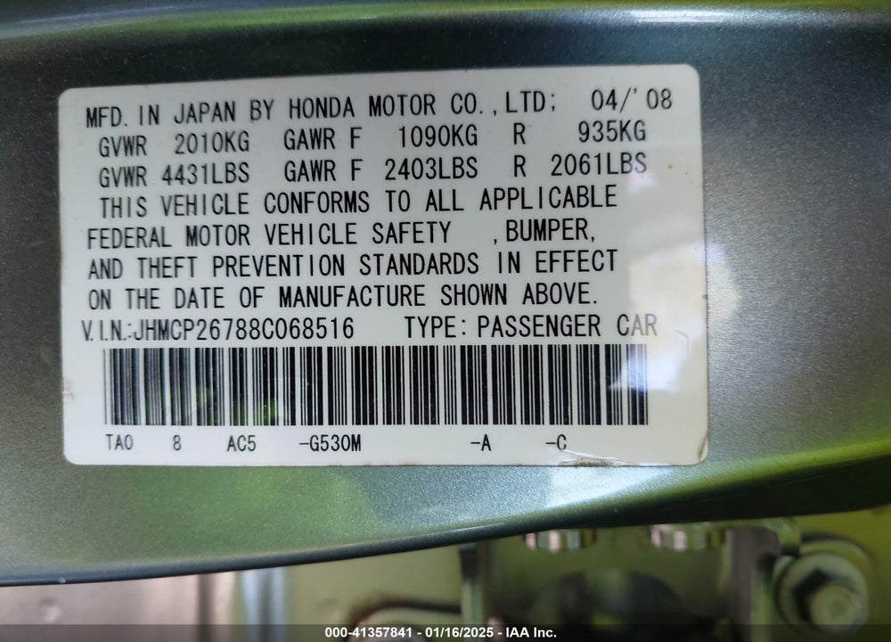 2008 HONDA ACCORD 2.4 EX VIN: JHMCP26788C068516