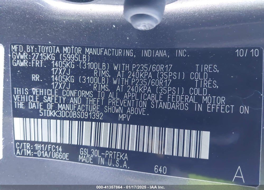 2011 TOYOTA SIENNA LE V6 VIN: 5TDKK3DC0BS091392