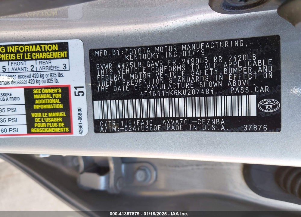 2019 TOYOTA CAMRY LE VIN: 4T1B11HK6KU207484