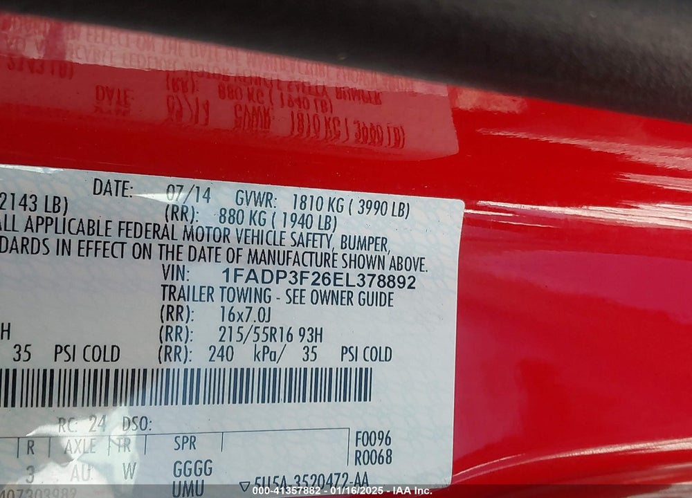 2014 FORD FOCUS VIN: 1FADP3F26EL378892