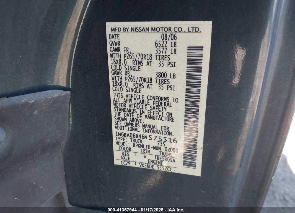 2006 NISSAN TITAN SE VIN: 1N6BA06B46N575516