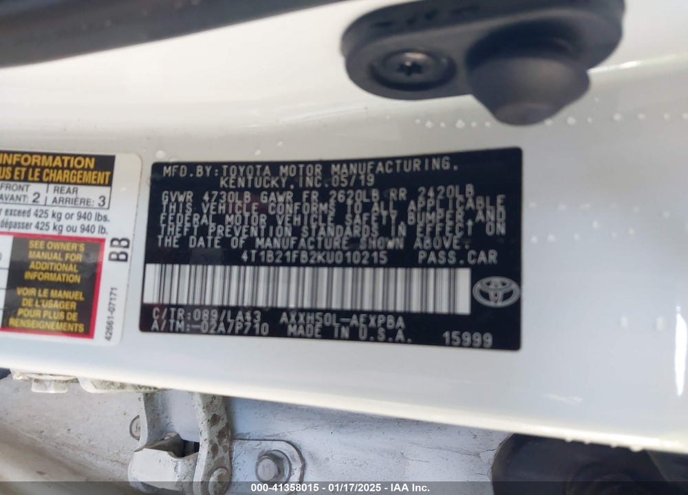 2019 TOYOTA AVALON VIN: 4T1B21FB2KU010215