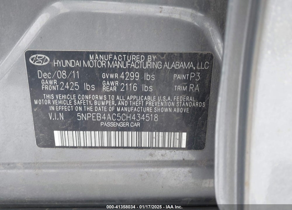 2012 HYUNDAI SONATA GLS VIN: 5NPEB4AC5CH434518