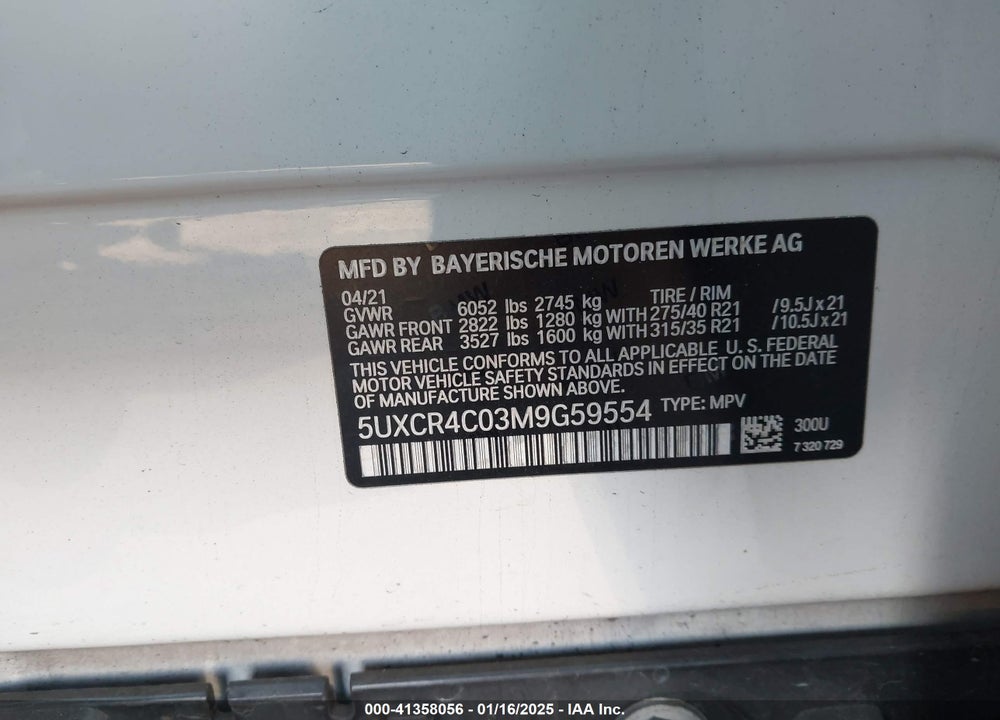 2021 BMW X5 SDRIVE40I VIN: 5UXCR4C03M9G59554