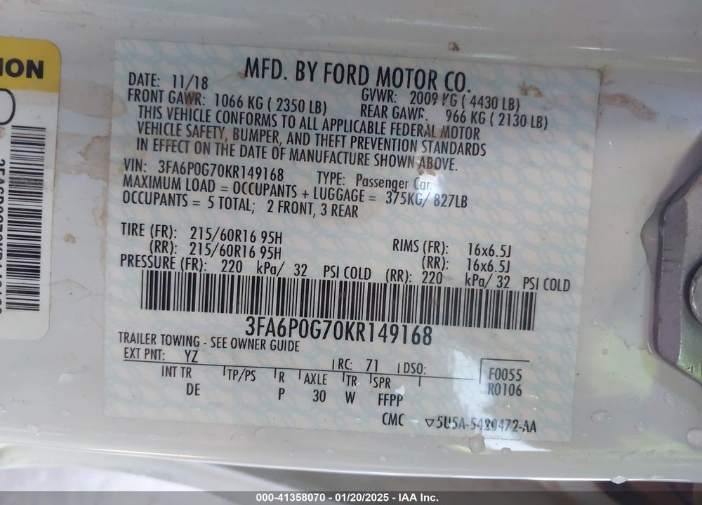 2019 FORD FUSION VIN: 3FA6P0G70KR149168