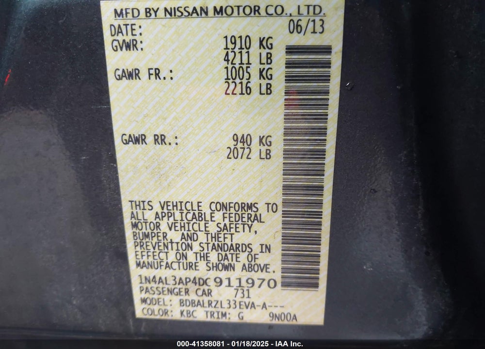 2013 NISSAN ALTIMA VIN: 1N4AL3AP4DC911970