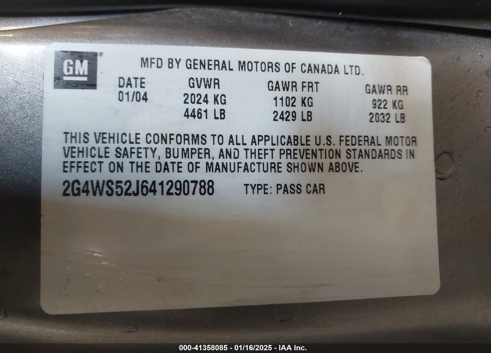 2004 BUICK CENTURY VIN: 2G4WS52J641290788