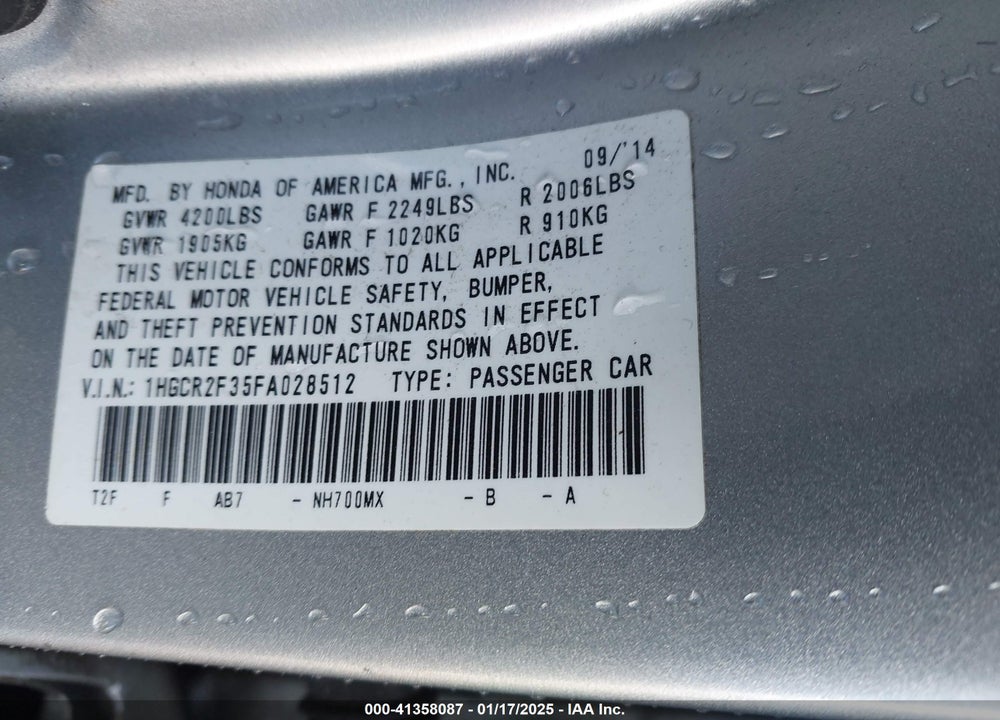 2015 HONDA ACCORD VIN: 1HGCR2F35FA028512