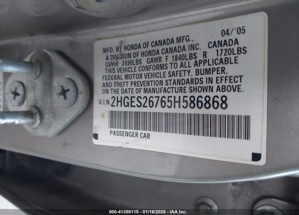 2005 HONDA CIVIC EX VIN: 2HGES26765H586868