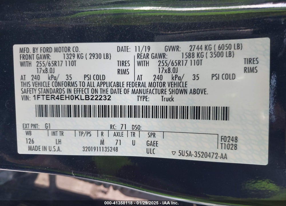 2019 FORD RANGER VIN: 1FTER4EH0KLB22232