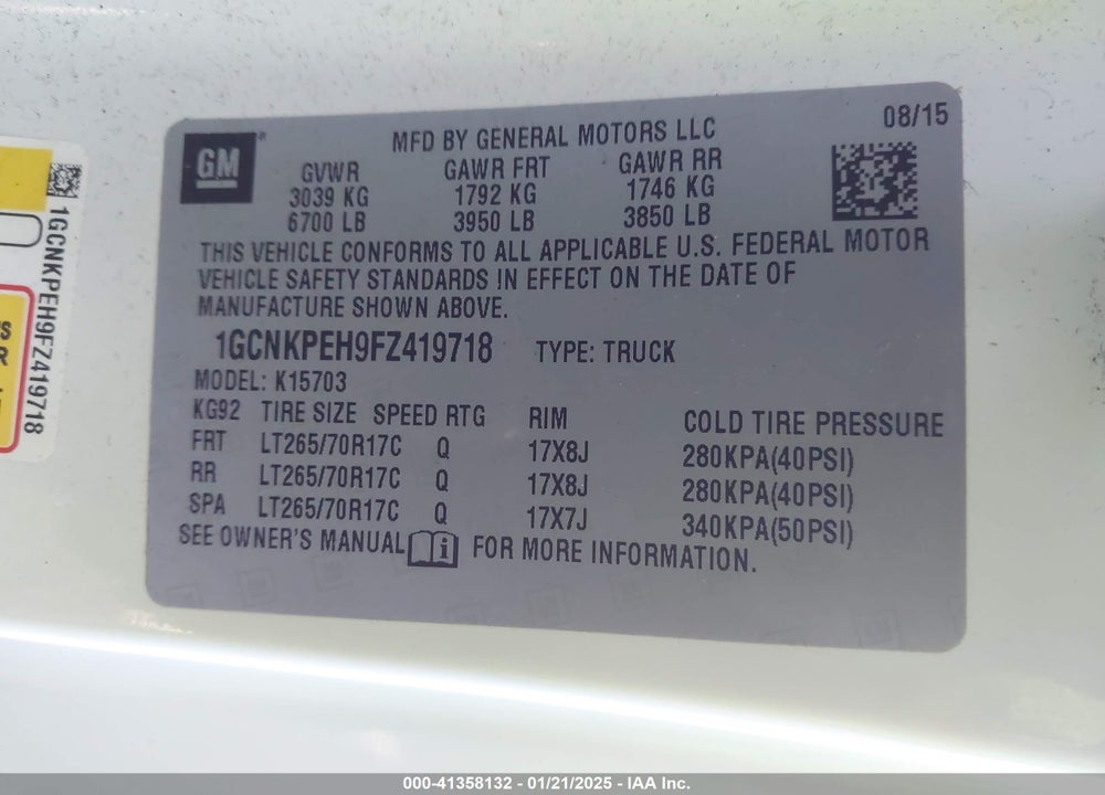 2015 CHEVROLET SILVERADO 1500 VIN: 1GCNKPEH9FZ419718