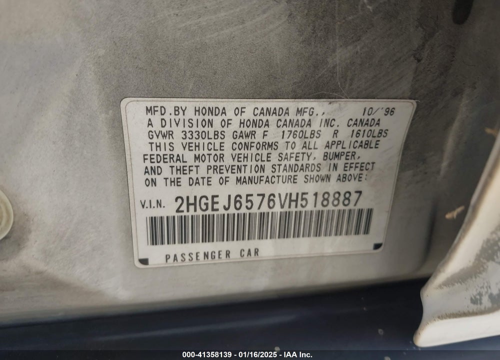 1997 HONDA CIVIC LX VIN: 2HGEJ6576VH518887