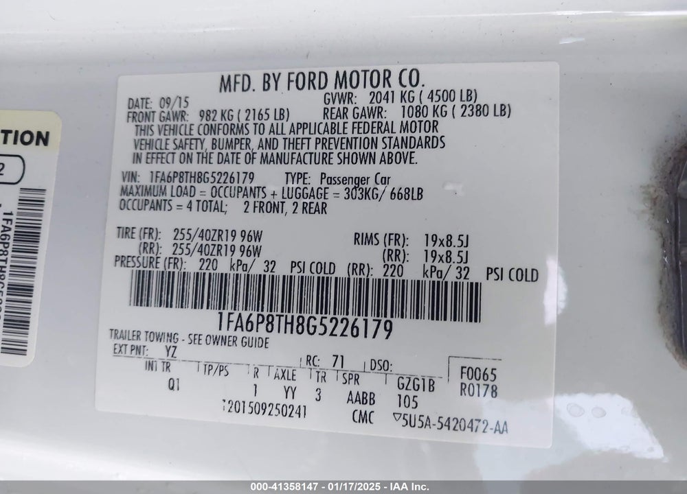 2016 FORD MUSTANG ECOBOOST VIN: 1FA6P8TH8G5226179
