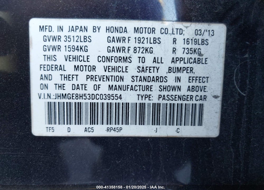 2013 HONDA FIT VIN: JHMGE8H53DC039554