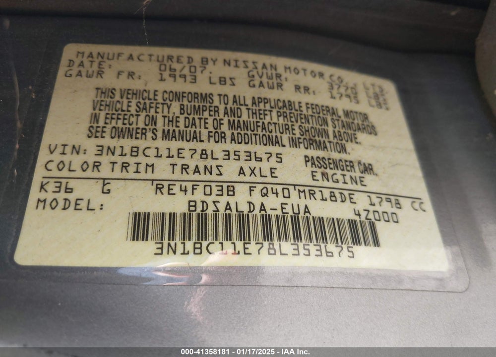 2008 NISSAN VERSA 1.8S VIN: 3N1BC11E78L353675