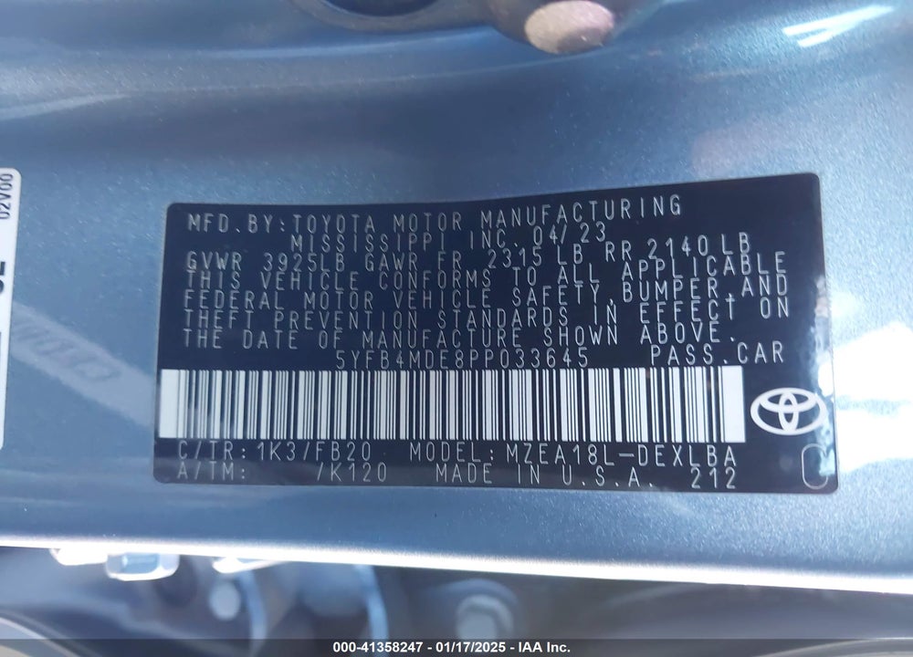 2023 TOYOTA COROLLA VIN: 5YFB4MDE8PP033645