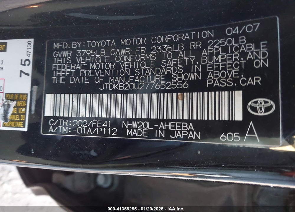 2007 TOYOTA PRIUS VIN: JTDKB20U277652556