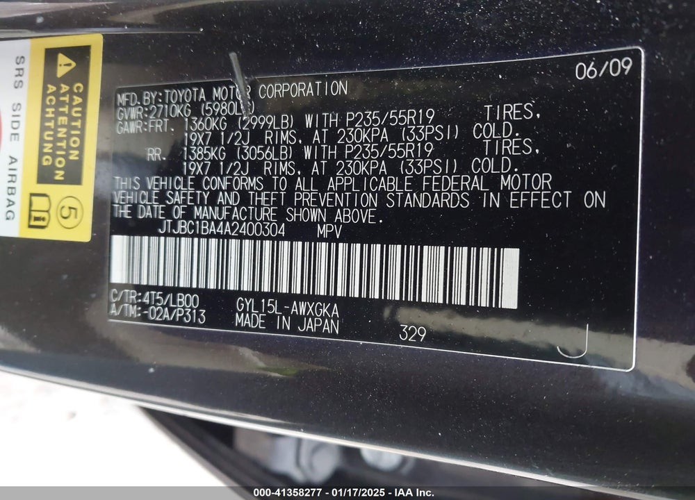 2010 LEXUS RX 450H VIN: JTJBC1BA4A2400304