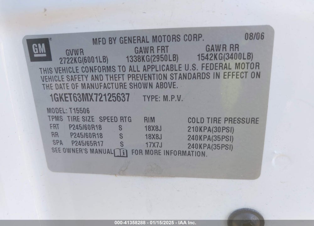 2007 GMC ENVOY DENALI VIN: 1GKET63MX72125637