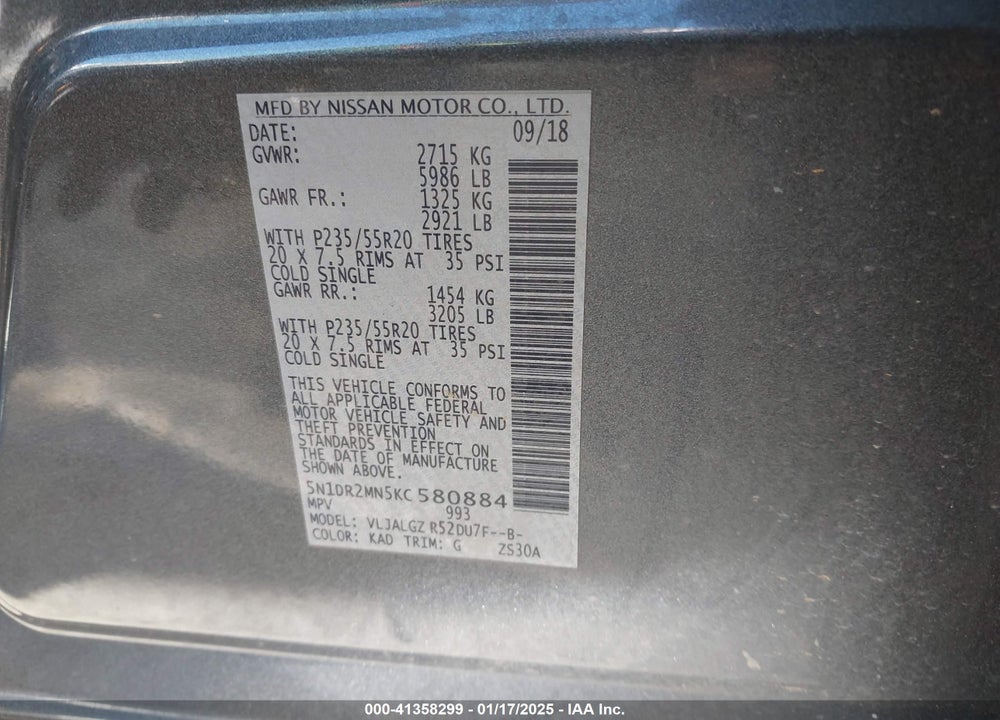 2019 NISSAN PATHFINDER SL VIN: 5N1DR2MN5KC580884