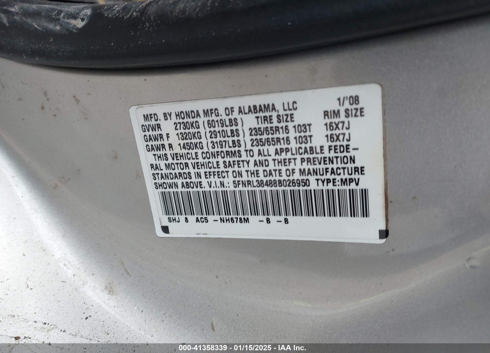 2008 HONDA ODYSSEY EX VIN: 5FNRL38488B026950