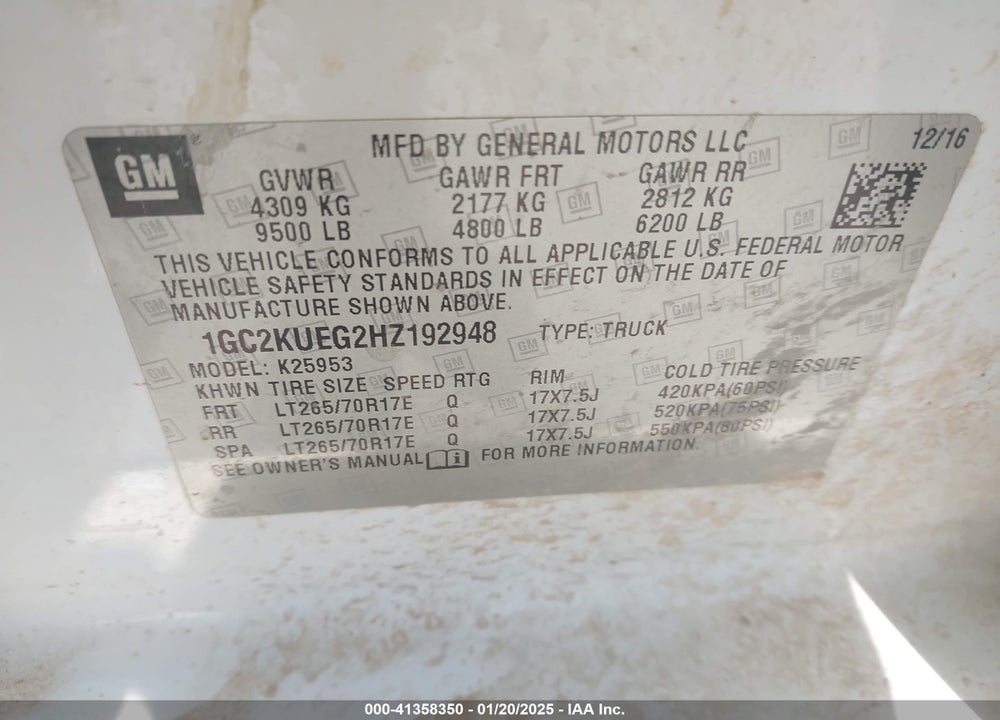 2017 CHEVROLET SILVERADO 2500HD VIN: 1GC2KUEG2HZ192948