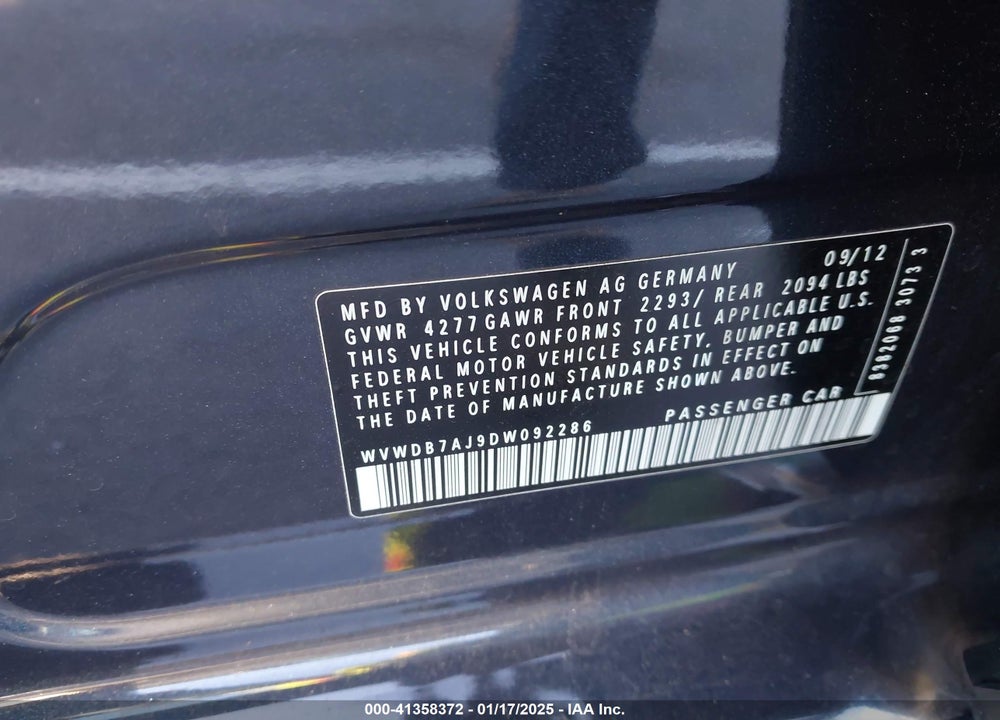 2013 VOLKSWAGEN GOLF 2.5L 4-DOOR VIN: WVWDB7AJ9DW092286