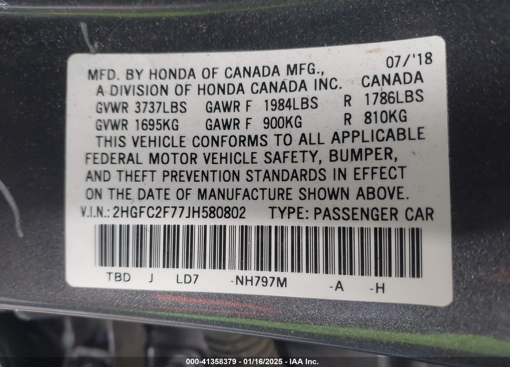 2018 HONDA CIVIC EX VIN: 2HGFC2F77JH580802