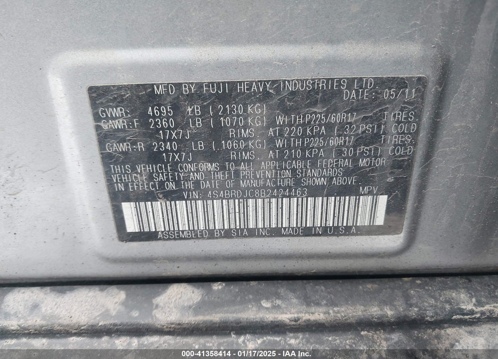 2011 SUBARU OUTBACK 3.6R LIMITED VIN: 4S4BRDJC8B2424463