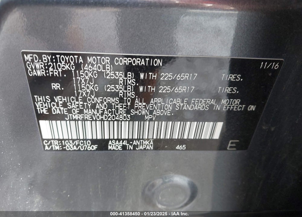 2017 TOYOTA RAV4 XLE VIN: JTMRFREV0HD204803
