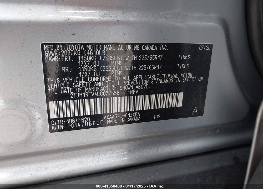 2020 TOYOTA RAV4 LE VIN: 2T3H1RFV4LC077558