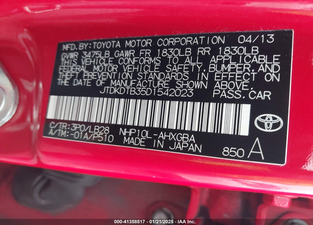 2013 TOYOTA PRIUS C VIN: JTDKDTB35D1542023