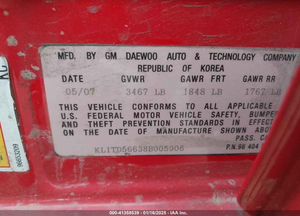 2008 CHEVROLET AVEO VIN: KL1TD56638B005906
