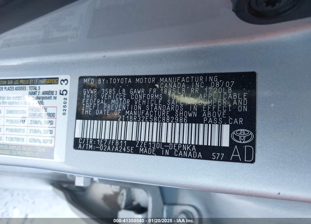 2008 TOYOTA COROLLA LE VIN: 2T1BR32E58C882986