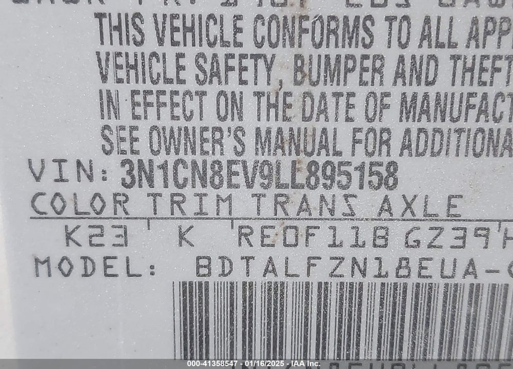 2020 NISSAN VERSA SV XTRONIC CVT VIN: 3N1CN8EV9LL895158