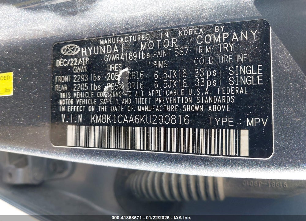 2019 HYUNDAI KONA SE VIN: KM8K1CAA6KU290816