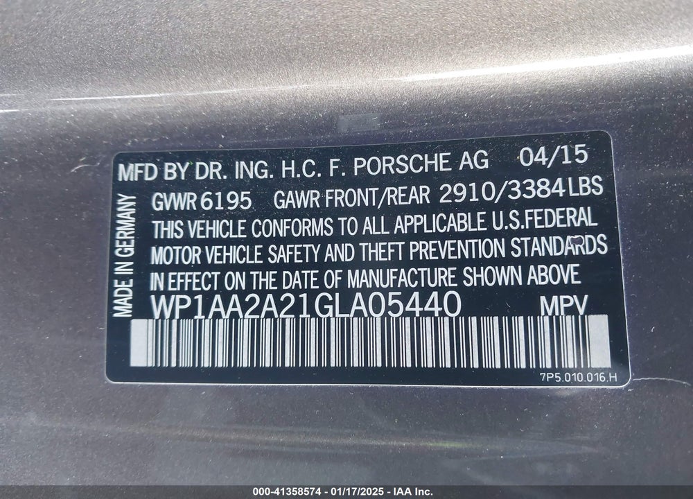 2016 PORSCHE CAYENNE VIN: WP1AA2A21GLA05440