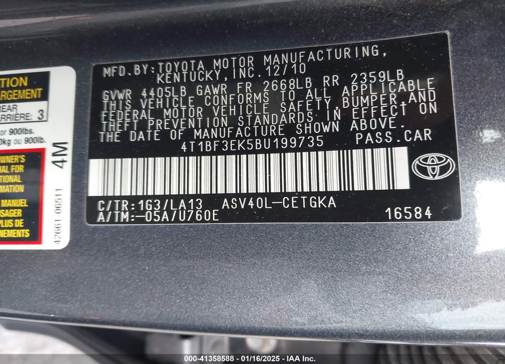 2011 TOYOTA CAMRY VIN: 4T1BF3EK5BU199735