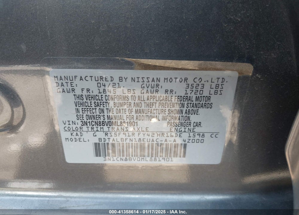 2021 NISSAN VERSA VIN: 3N1CN8BV0ML881901
