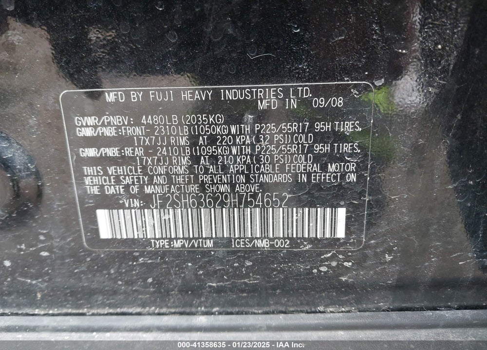 2009 SUBARU FORESTER 2.5X VIN: JF2SH63629H754652