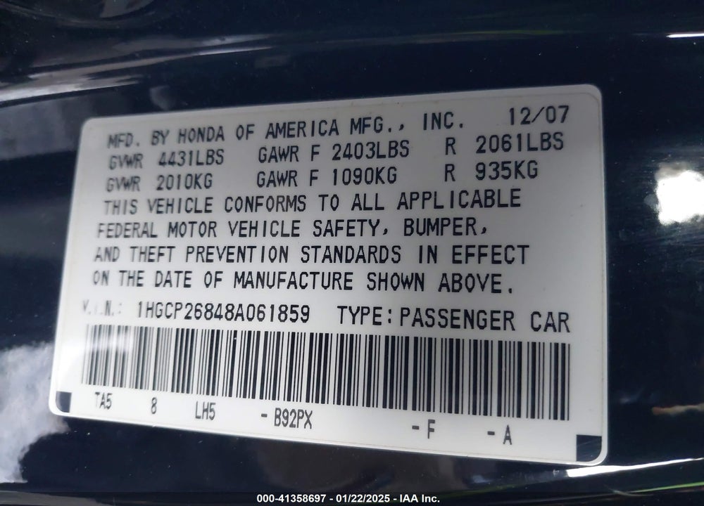 2008 HONDA ACCORD VIN: 1HGCP26848A061859