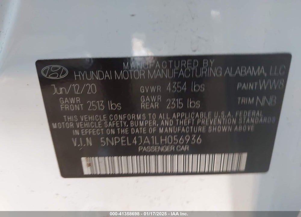 2020 HYUNDAI SONATA VIN: 5NPEL4JA1LH056936