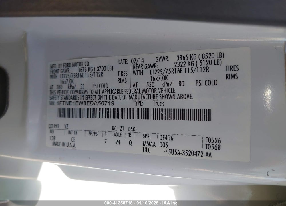 2014 FORD E-150 COMMERCIAL VIN: 1FTNE1EW8EDA50719