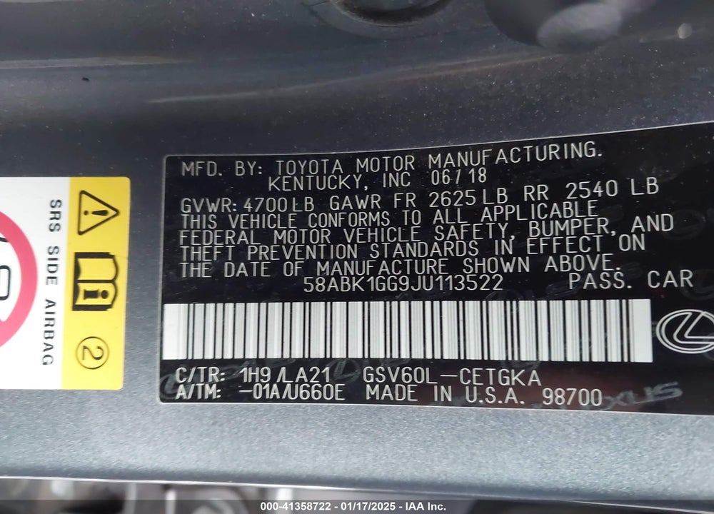 2018 LEXUS ES 350 VIN: 58ABK1GG9JU113522
