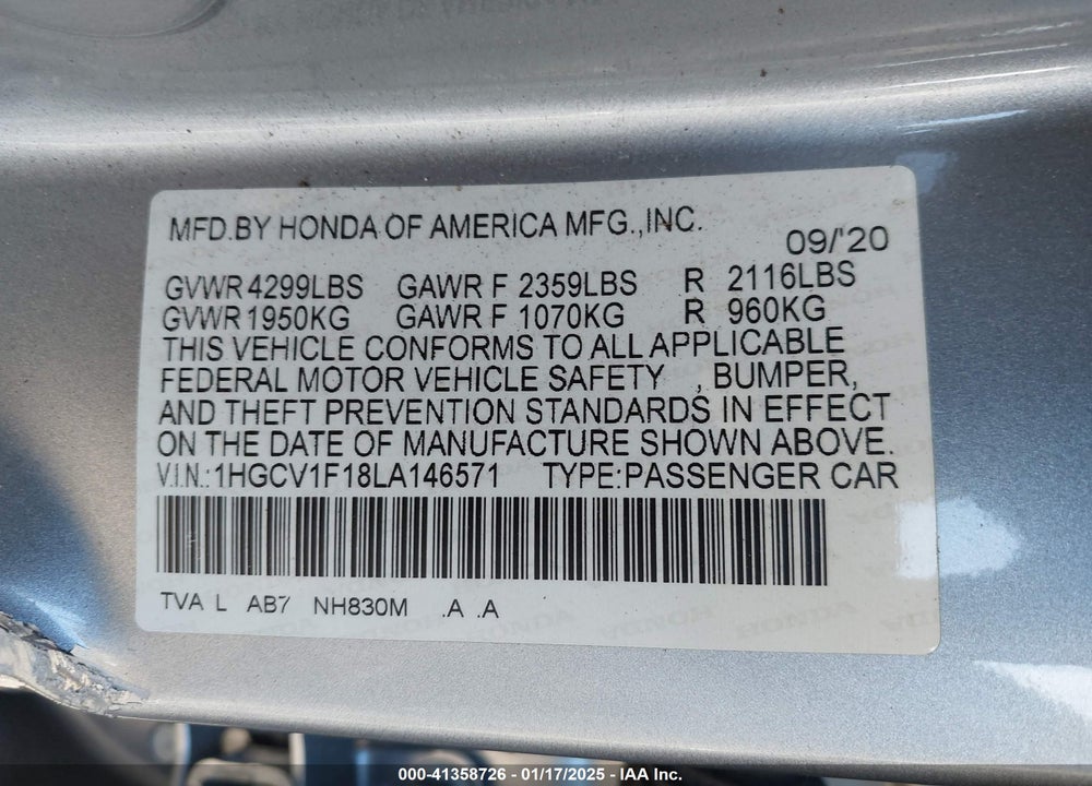 2020 HONDA ACCORD VIN: 1HGCV1F18LA146571