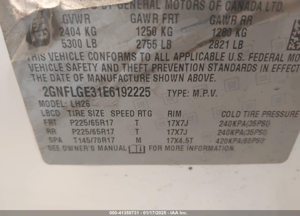 2014 CHEVROLET EQUINOX VIN: 2GNFLGE31E6192225