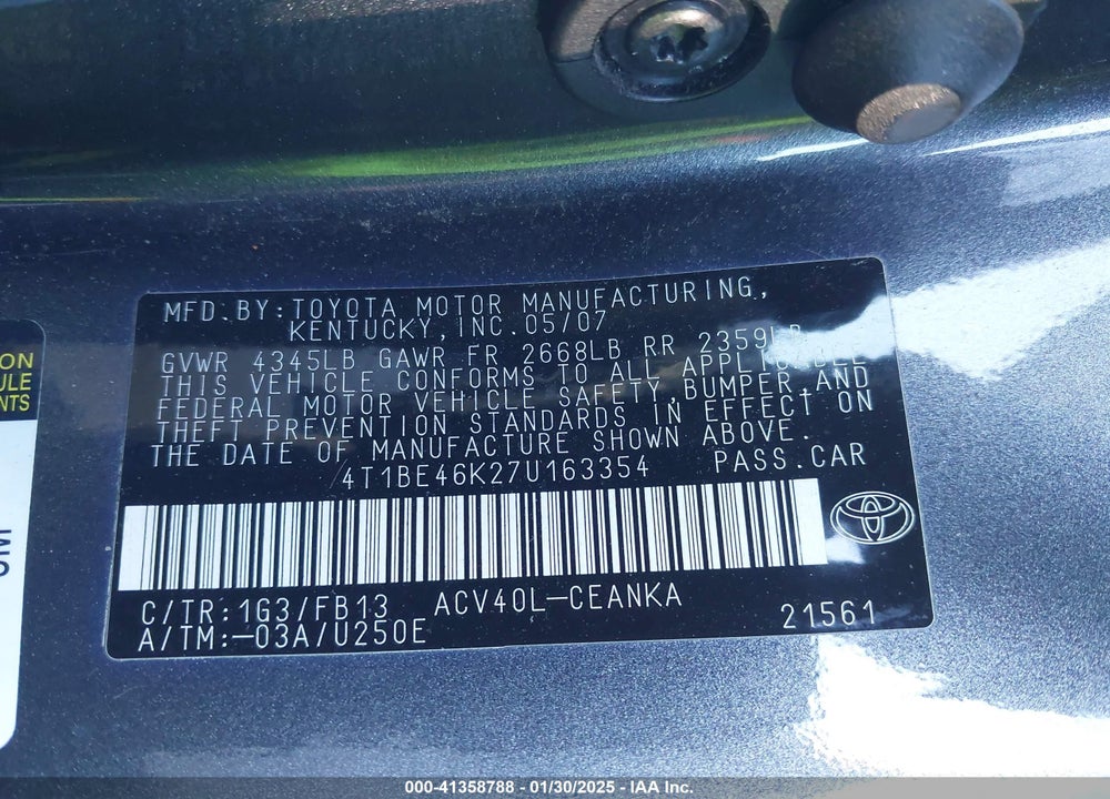 2007 TOYOTA CAMRY LE VIN: 4T1BE46K27U163354