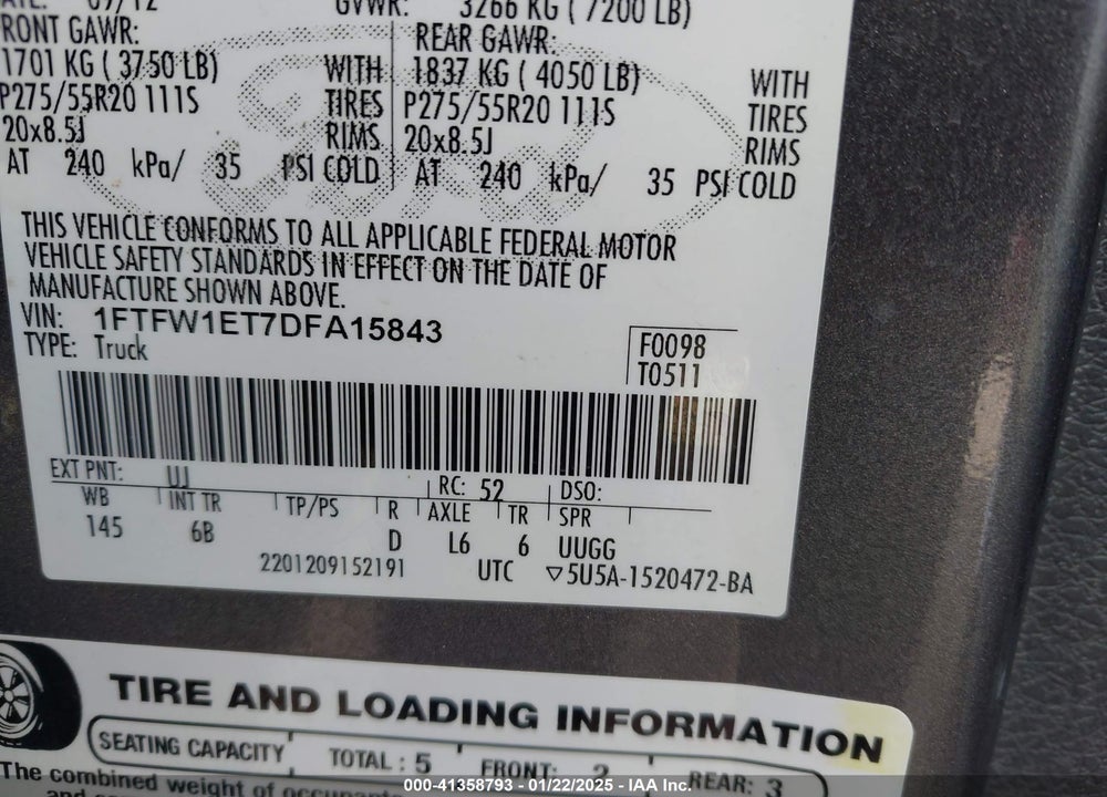 2013 FORD F-150 FX4 VIN: 1FTFW1ET7DFA15843