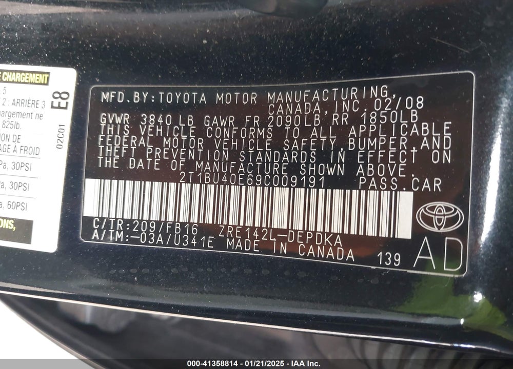 2009 TOYOTA COROLLA VIN: 2T1BU40E69C009191