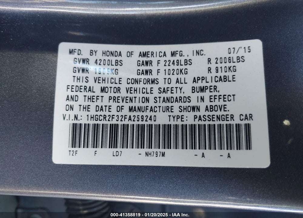 2015 HONDA ACCORD VIN: 1HGCR2F32FA259240